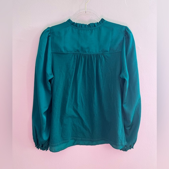 LOFT Emerald Green Ruffle V-Neck Long Sleeve Blouse - Picture 3 of 5